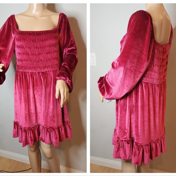 NWT Lauren Conrad Berry Wine Red Velvet Babydoll Smocked Dress Long Sleeve XLP - Picture 4 of 12